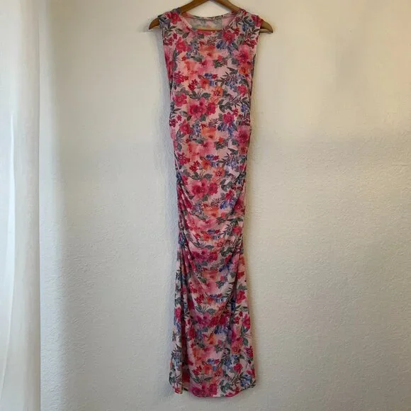 Vici Dee Elly Floral Mesh Ruched‎ Sleeveless Midi Dress L Wedding Guest Formal - Picture 2 of 12